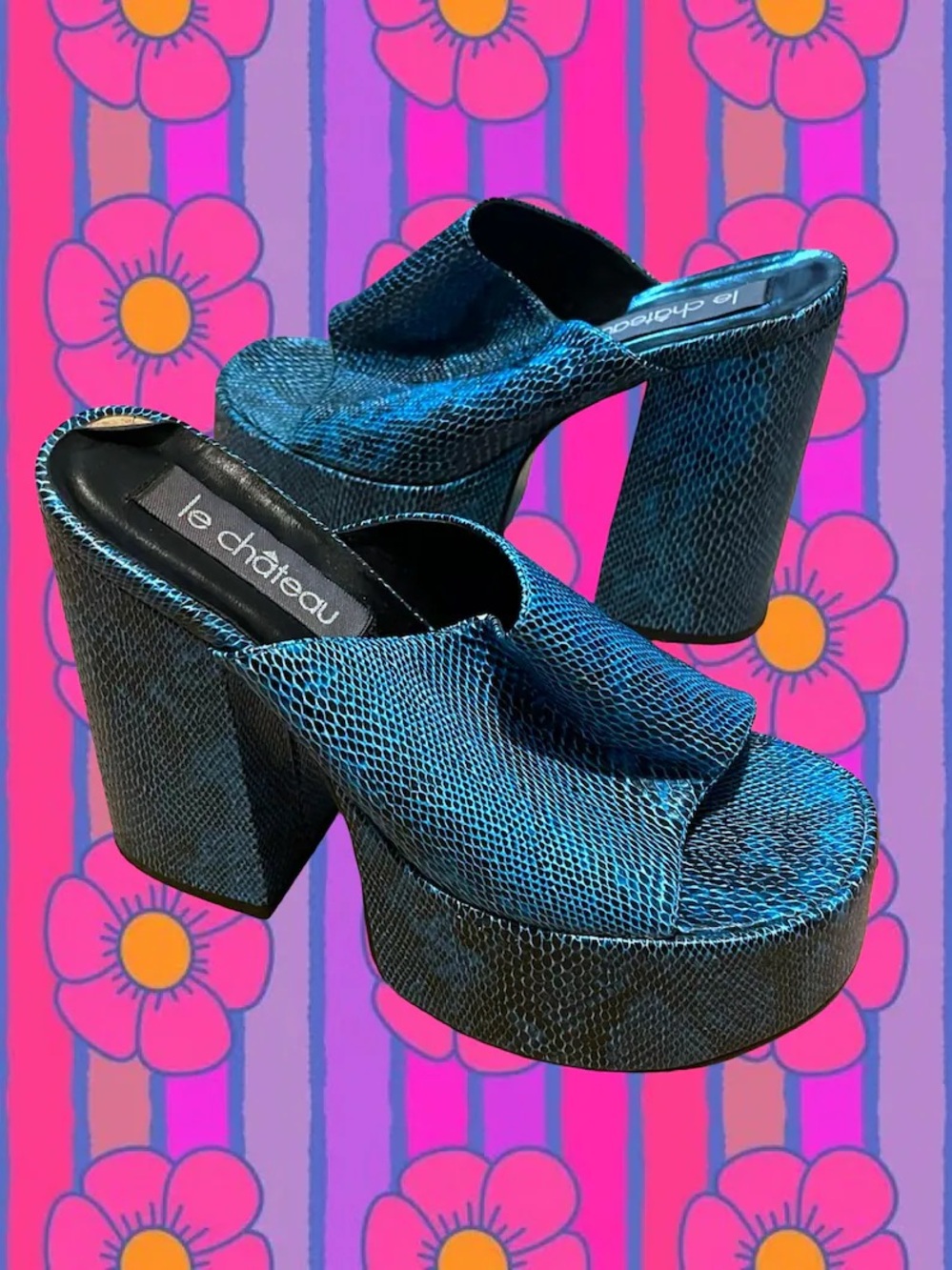 Vintage 90s Le Chateau Blue Snake-Embossed Platform Heels